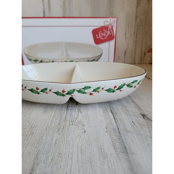 Lenox NEW white winter greetings divided oval bowl mistletoe Xmas kitchen - Picture 3 of 9